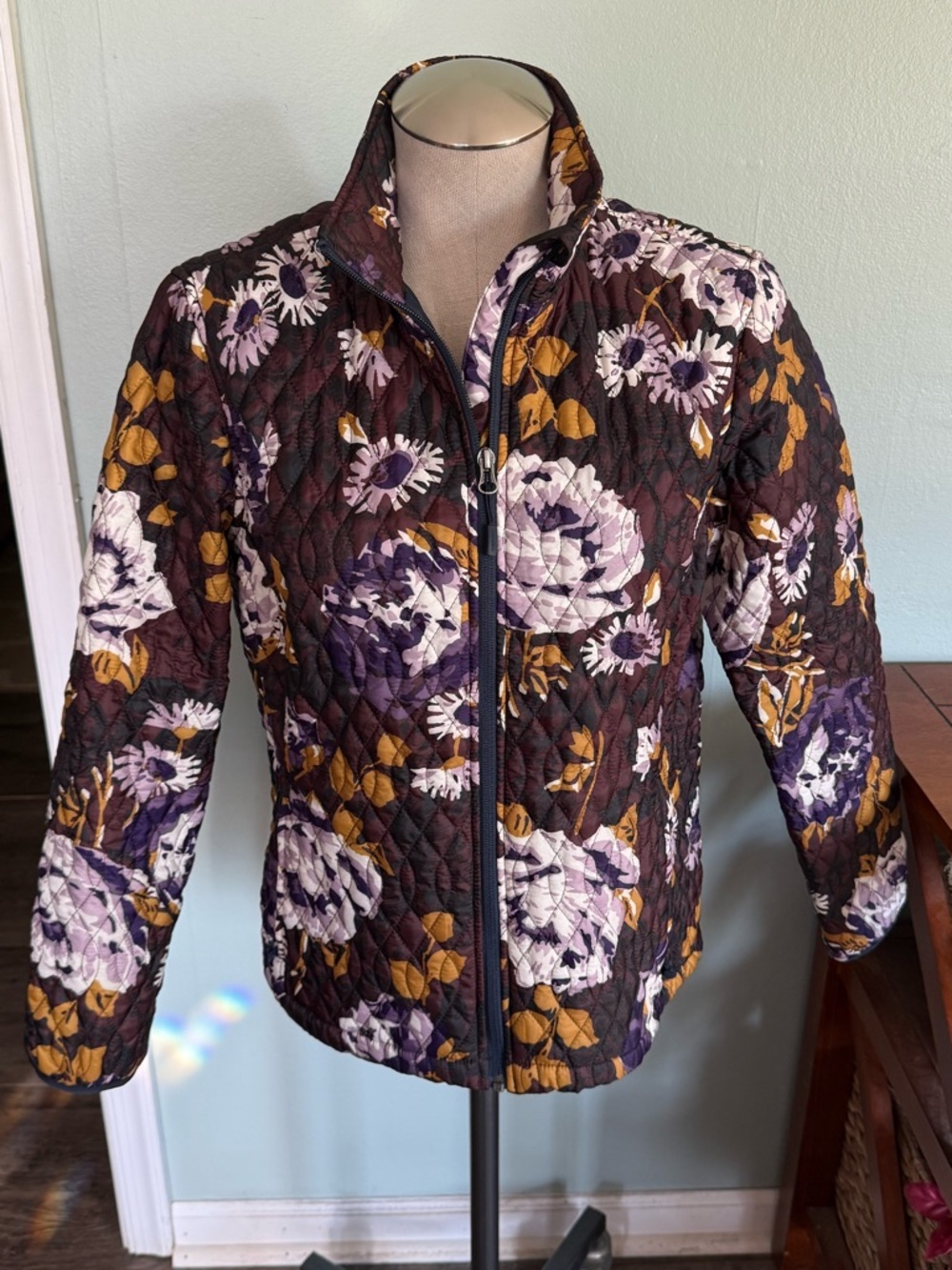 Lands End Floral Quilted Puffer Full Zip Floral Jacket Size XS